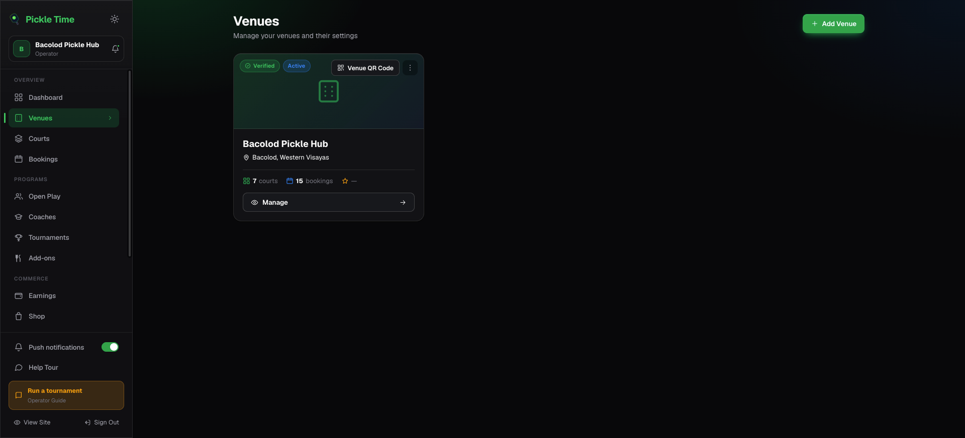 Venue dashboard